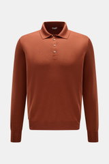 Front view of Gran Sasso Fine knit polo rust brown, a long sleeve knit polo by BRAUN HAMBURG made from a luxurious blend of virgin wool, cashmere, and silk. It features a very soft feel, very fine knit, slim fit, signature polo shirt collar, smooth four-b
