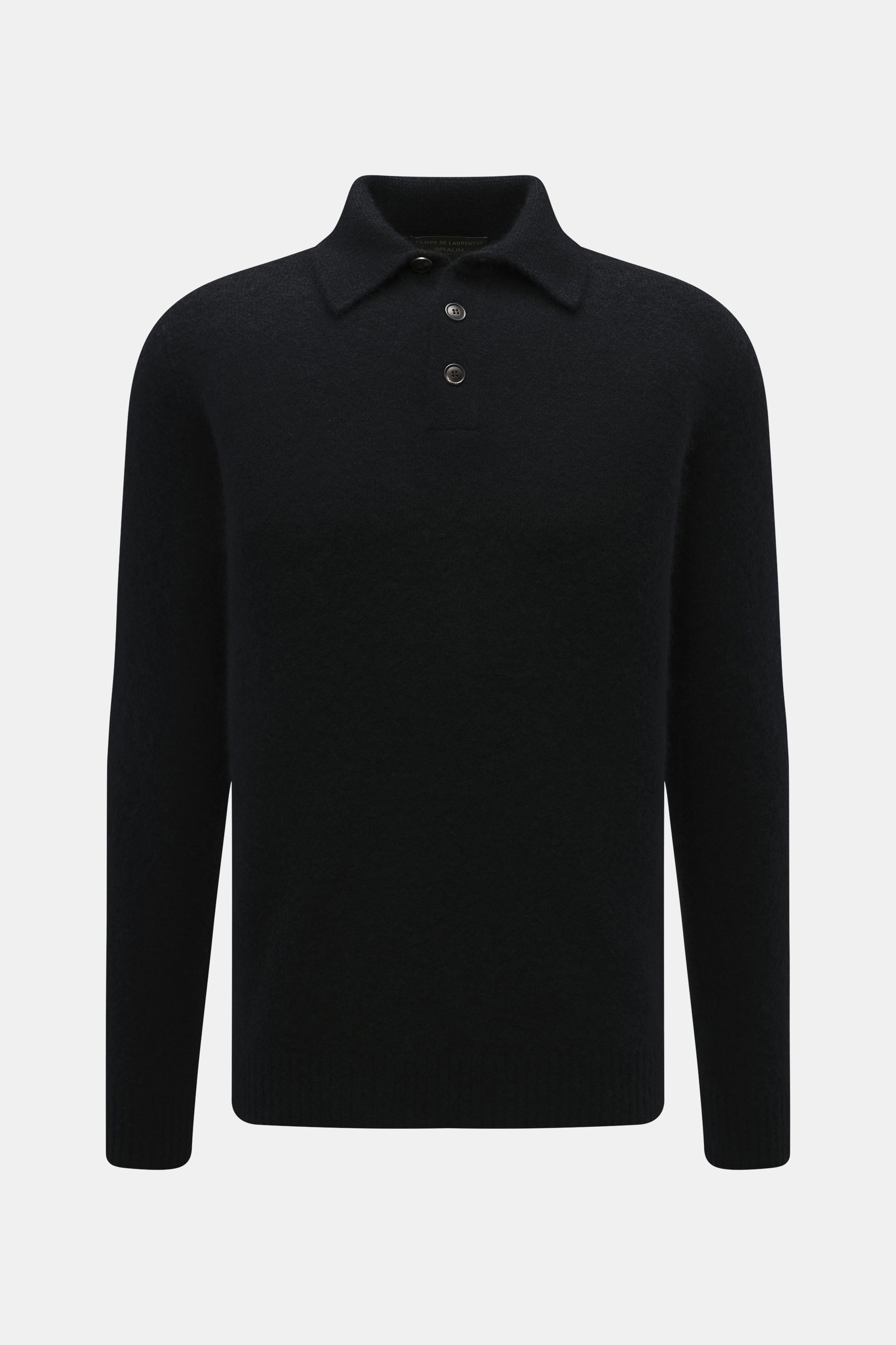 Front view of Filippo de Laurentiis Button-neck jumper black, made from a mix of cashmere, silk, microfiber, with a very soft, voluminous feel, medium-fine knit pattern, oversized fit, button-neck collar, and flexible ribbed cuffs.