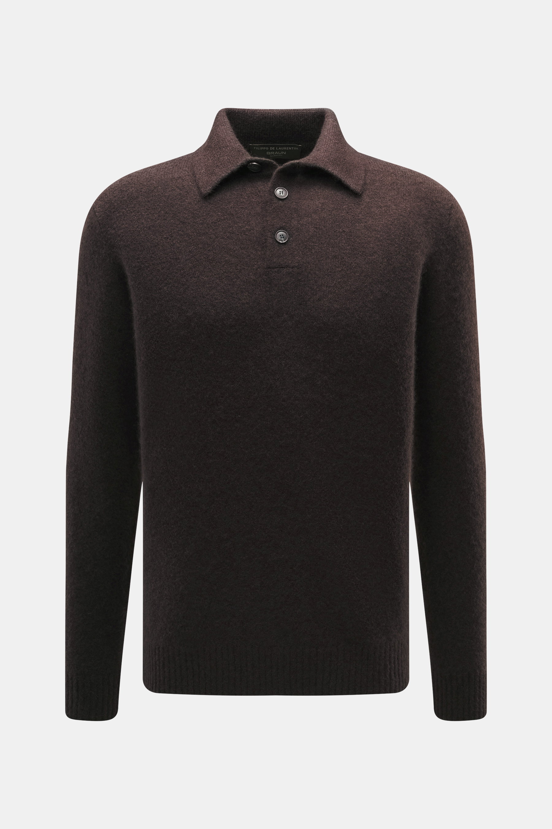 Front view of Filippo de Laurentiis Button-neck jumper dark brown, made of a mix of cashmere, silk, and high-quality microfiber, with a very soft, voluminous feel, medium-fine knit pattern, oversized fit, button-neck collar, and flexible ribbed cuffs.