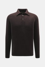 Filippo de Laurentiis Toyer dunkelbraun, frontale Nahaufnahme, Oversized Fit, mittelfeines Strickbild, Troyer-Kragen, Rippbündchen, Mix aus Cashmere, Seide, Microfaser, weicher Griff.