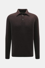 Filippo de Laurentiis Toyer dunkelbraun, frontale Nahaufnahme, Oversized Fit, mittelfeines Strickbild, Troyer-Kragen, Rippbündchen, Mix aus Cashmere, Seide, Microfaser, weicher Griff.