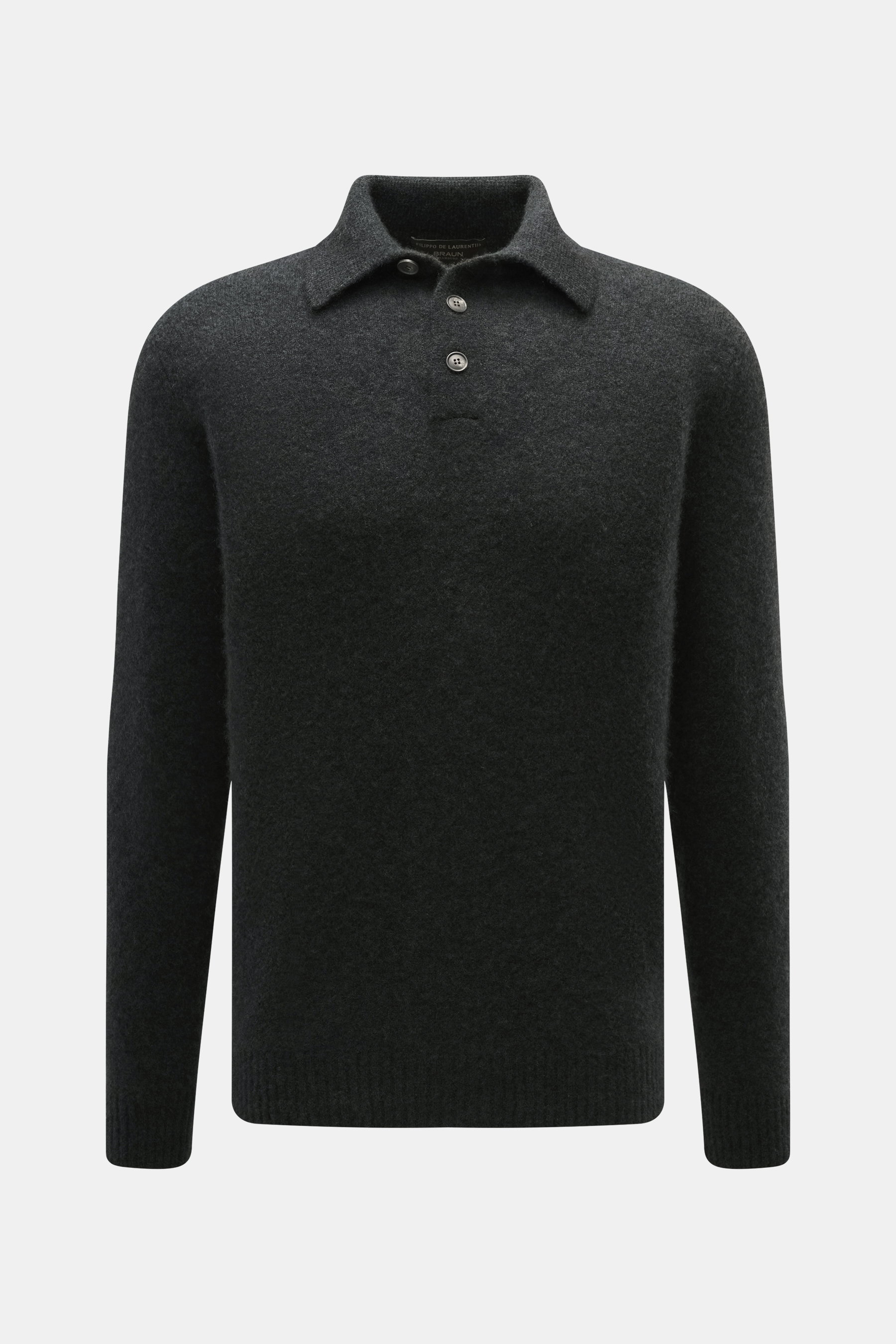 Front view of Filippo de Laurentiis Button-neck jumper dark grey, made from a mix of cashmere, silk, and microfiber, featuring a very soft, voluminous feel, medium-fine knit pattern, oversized fit, button-neck collar, and flexible ribbed cuffs.