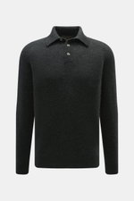 Filippo de Laurentiis Toyer dunkelgrau, frontale Nahaufnahme, mittelfeines Strickbild, Oversized Fit, Troyer-Kragen, weicher Griff, Mix aus Cashmere, Seide, Microfaser, flexible Rippbündchen.