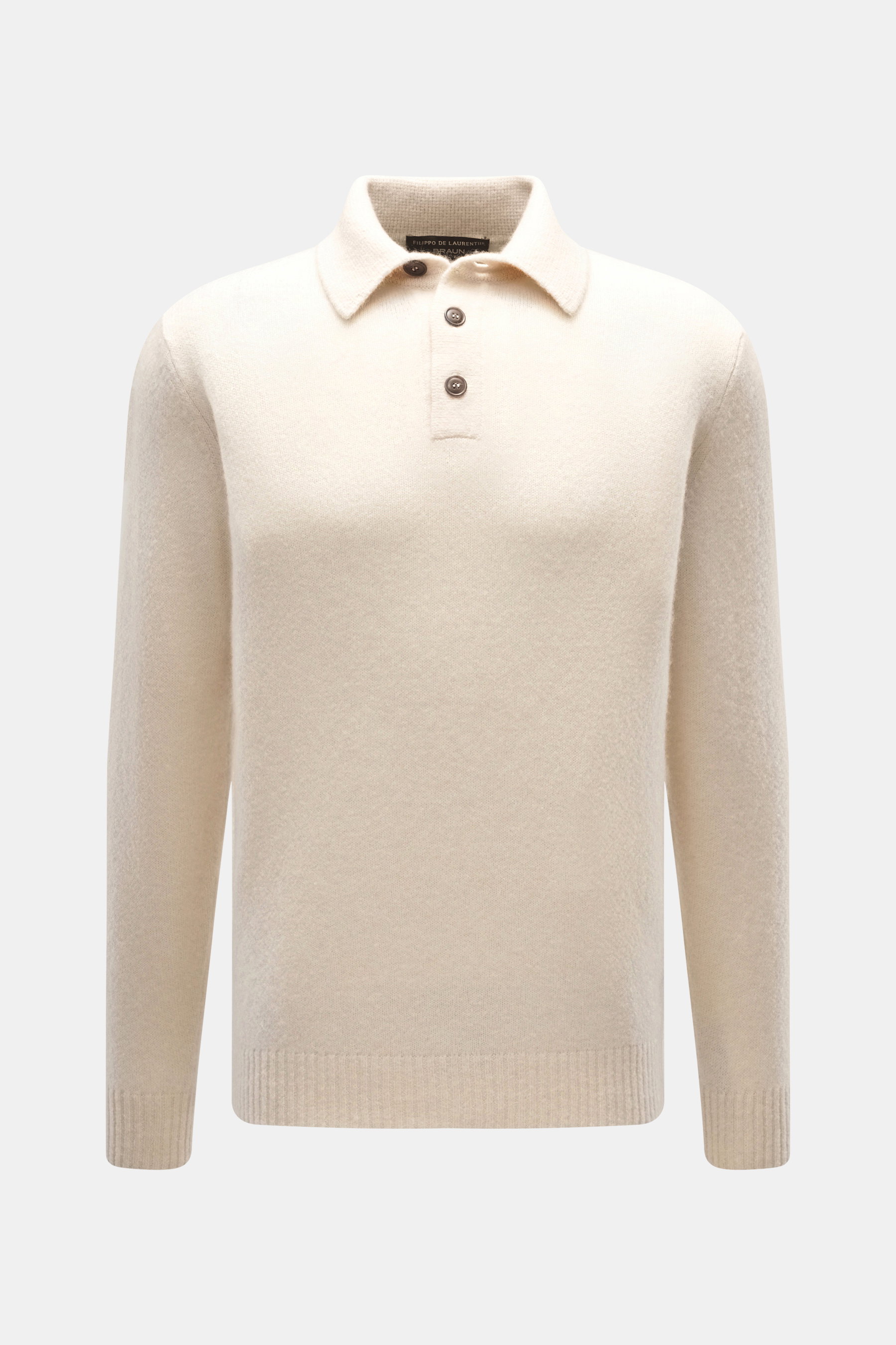 Front view of Filippo de Laurentiis Button-neck jumper cream, made from a mix of cashmere, silk, and microfiber, with a very soft, voluminous feel, medium-fine knit pattern, oversized fit, button-neck collar, and flexible ribbed cuffs.