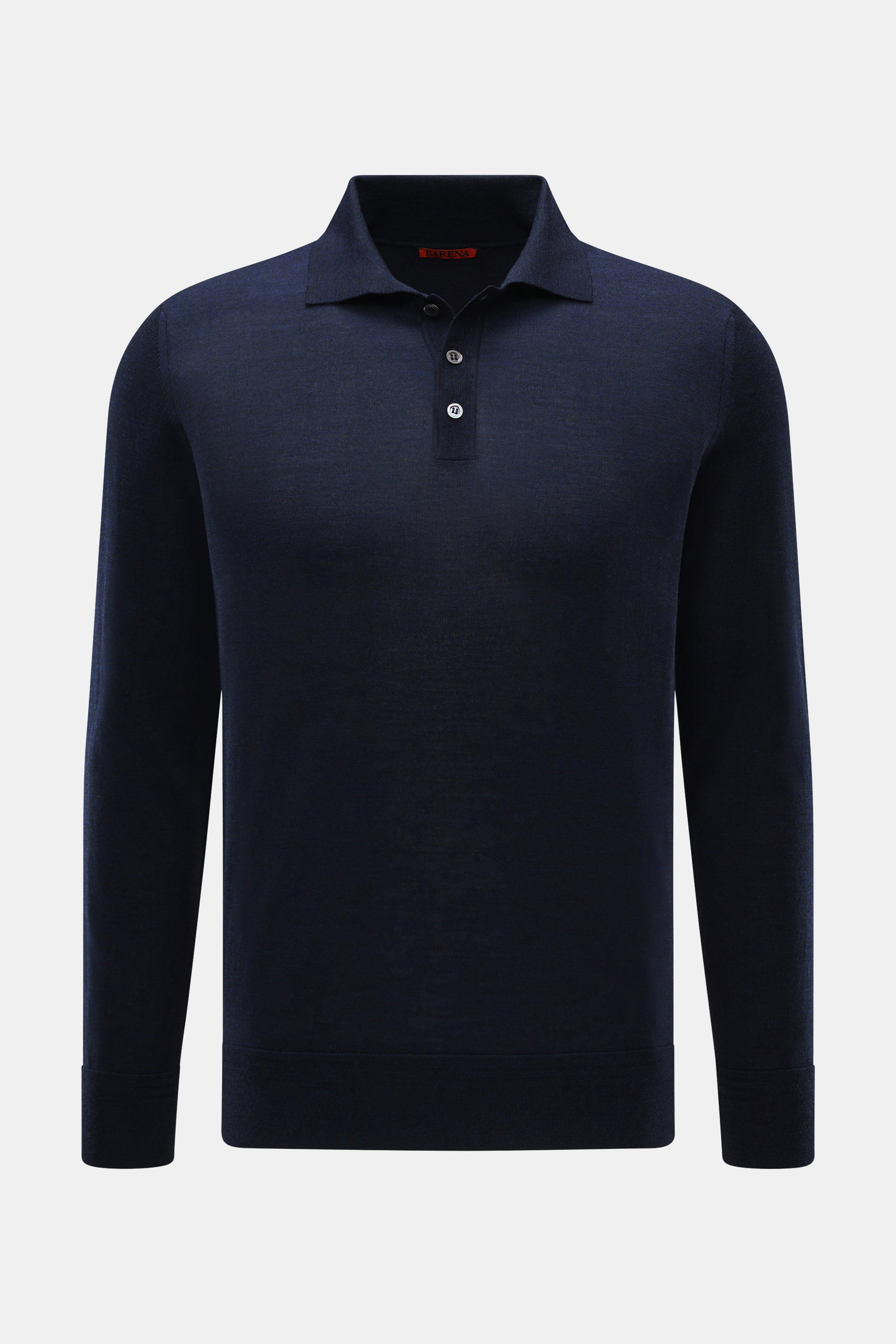 Front view of Barena Venezia Merino knit polo 'Pevaron Brunal' navy melange, fine knit made of extra fine merino wool, soft feel, fine knit pattern, slim fit, classic polo collar, three-button placket, flexible ribbed cuffs.