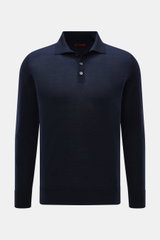 Barena Venezia Merino Strickpolo 'Pevaron Brunal' navy meliert, Slim Fit, Feinstrick aus Merinowolle, Polokragen, Drei-Knopf-Leiste, Rippbündchen, Frontansicht.