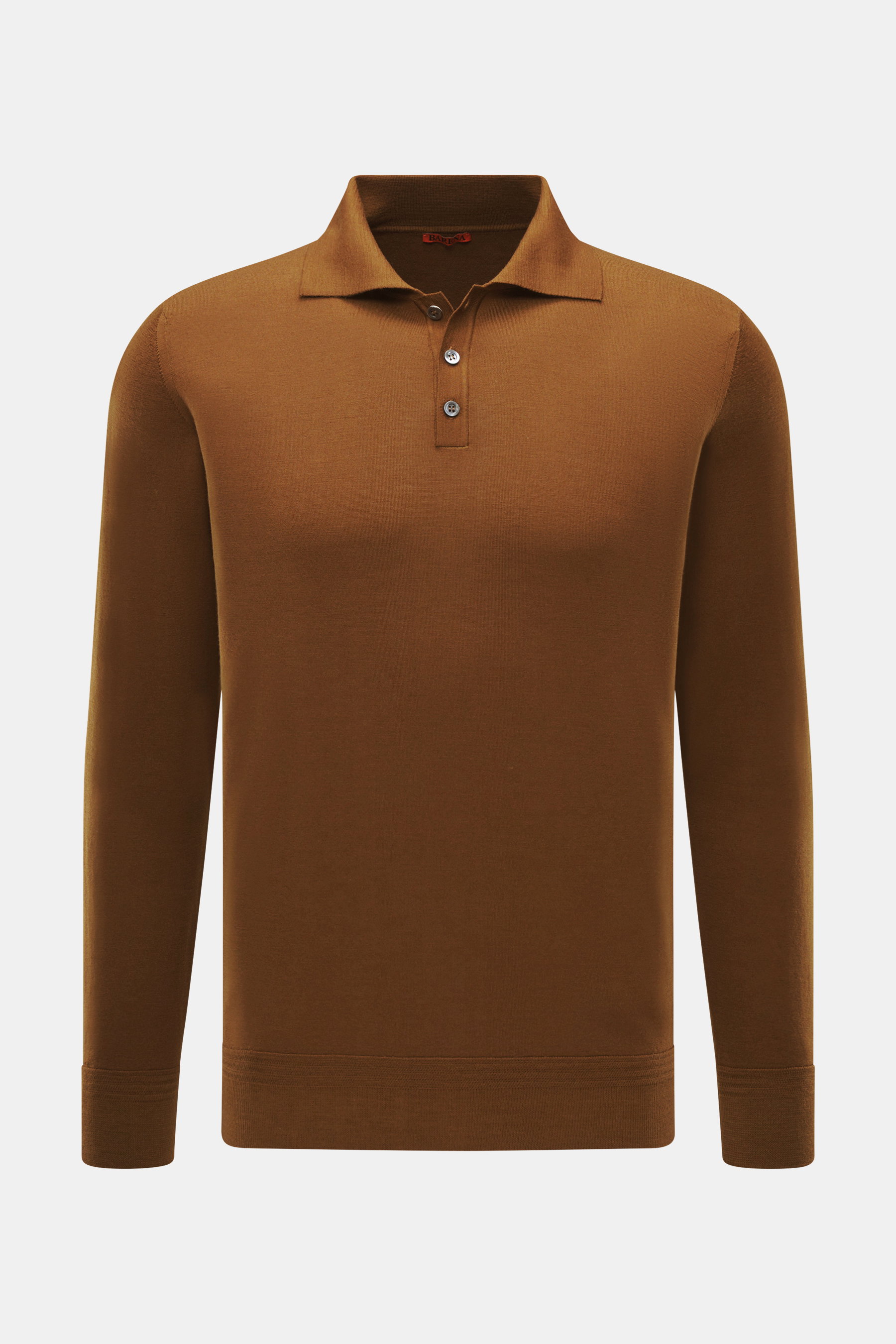Front view of Barena Venezia Merino knit polo 'Pevaron Brunal' brown, fine knit of extra fine merino wool, soft feel, slim fit, classic polo collar, three-button placket, fine knit pattern, flexible ribbed cuffs.