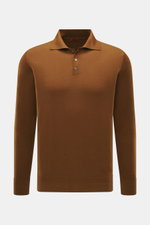 Barena Venezia Merino Strickpolo "Pevaron Brunal" braun, Frontansicht, Slim Fit, Feinstrick aus extrafeiner Merinowolle, weicher Griff, feines Strickbild, klassischer Polokragen, Drei-Knopf-Leiste, flexible Rippbündchen.