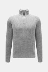 Allude Troyer grau meliert, frontal fotografiert, Slim Fit, Patentstrick aus Wolle und Cashmere, weicher Griff, mittelgrobes Strickbild, Rippstrickkragen mit Zipper, komfortable Rippbündchen.