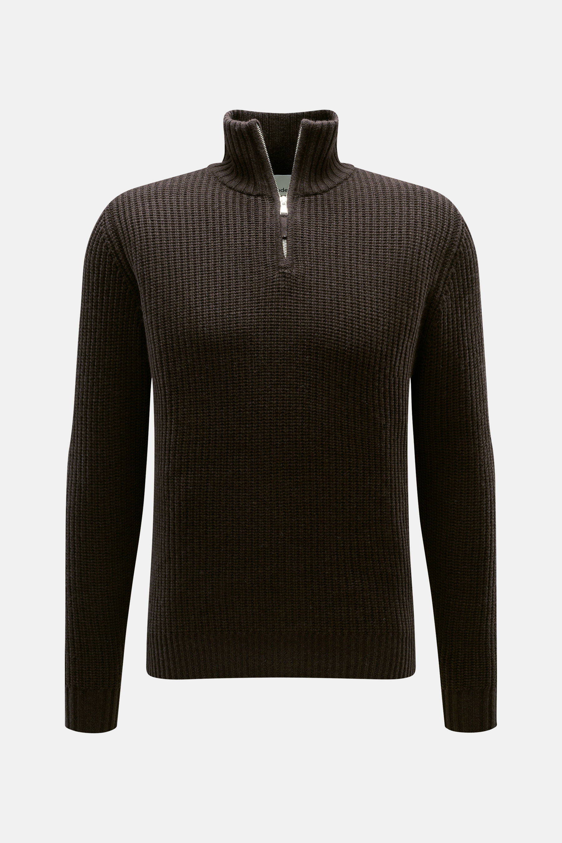 Allude Troyer dunkelbraun, frontal fotografiert, Patentstrick aus Wolle und Cashmere, weicher Griff, mittelgrobes Strickbild, Slim Fit, Rippstrickkragen mit Zipper, Rippbündchen.