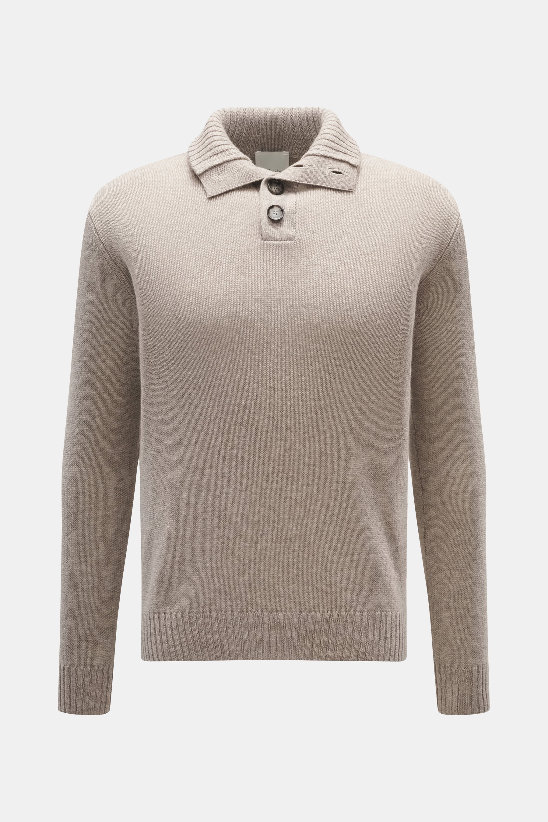 Front view of Allude Troyer beige melange sweater in medium coarse knit, regular fit, soft mix of virgin wool and cashmere, stand-up collar with four-button placket, and ribbed cuffs.