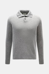 Allude Troyer grau meliert, frontal fotografiert, Regular Fit, mittelgrobes Strickbild, Stehkragen mit Vier-Knopf-Leiste, Rippbündchen, Mix Schurwolle und Cashmere, weicher Griff.