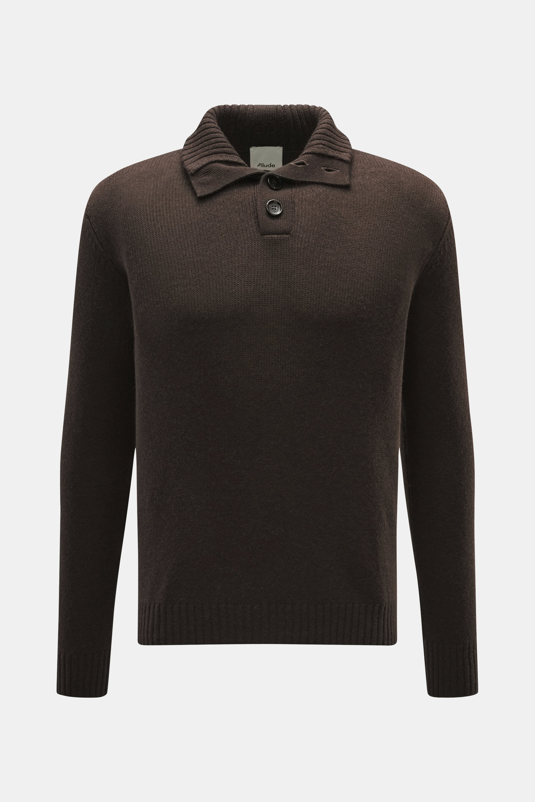 Front view of Allude Troyer dark brown sweater in medium coarse knit, mix of virgin wool and cashmere, soft feel, regular fit, stand-up collar with four-button placket, and ribbed cuffs.