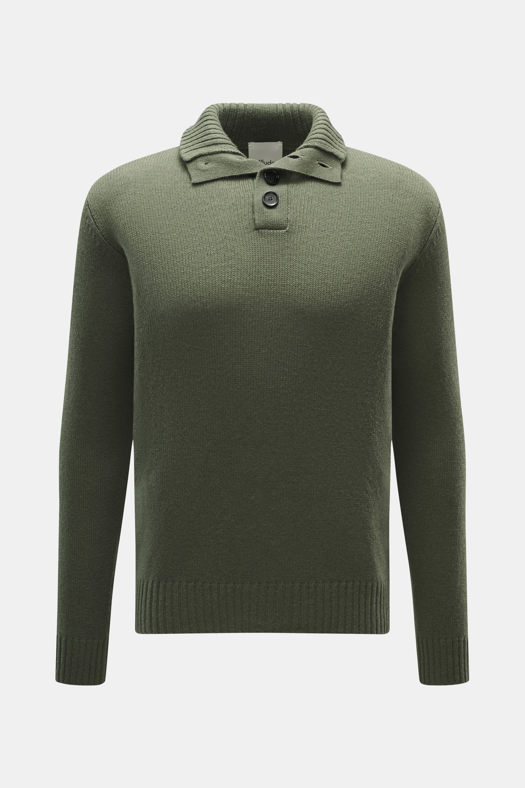 Front view of Allude Troyer dark green sweater, mix of virgin wool and cashmere, soft feel, medium coarse knit, regular fit, stand-up collar with four-button placket, ribbed cuffs.