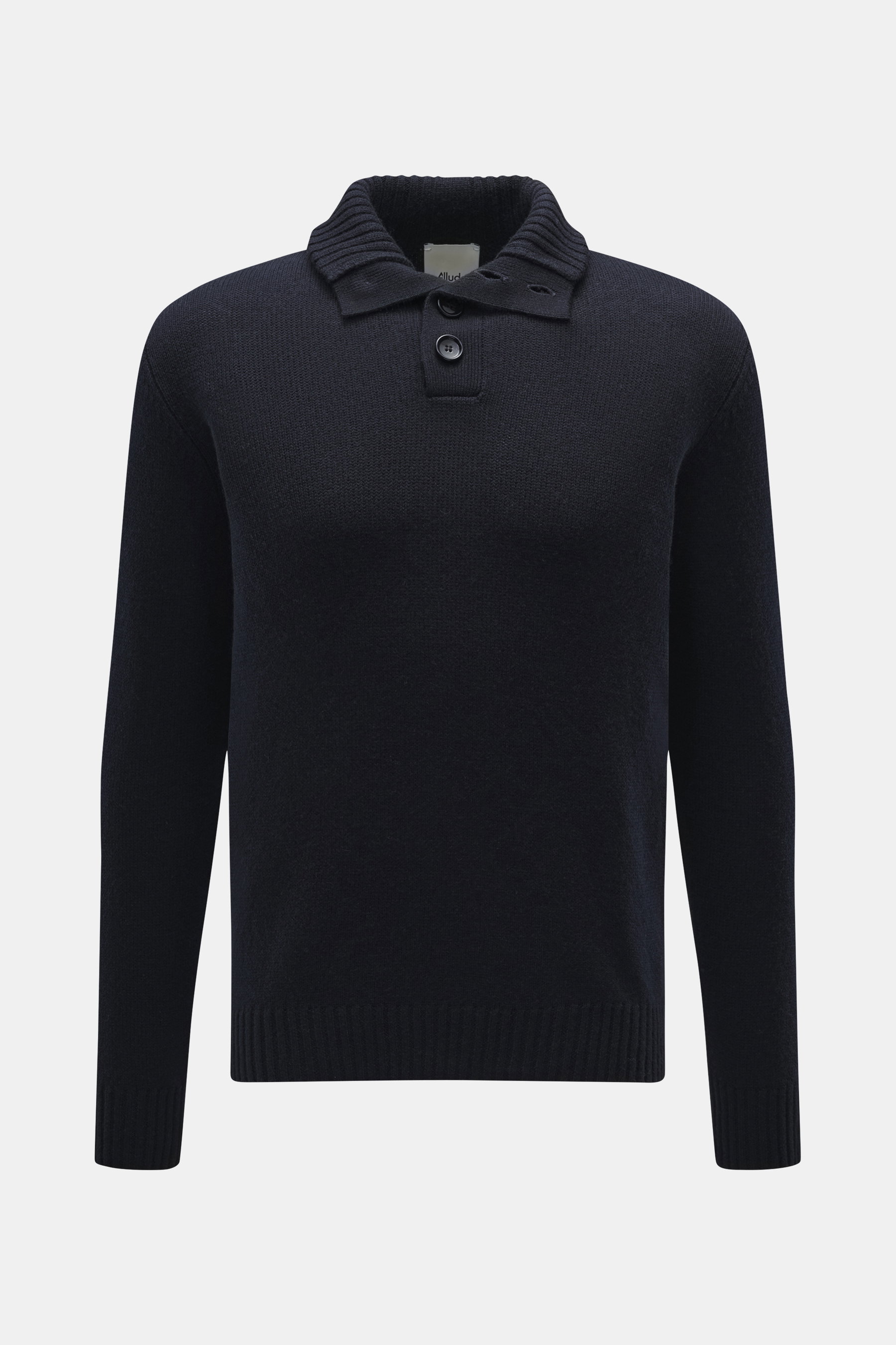 Front view of Allude Troyer navy sweater in a mix of virgin wool and cashmere, soft feel, medium coarse knit pattern, regular fit, stand-up collar with four-button placket, and comfortable ribbed cuffs.
