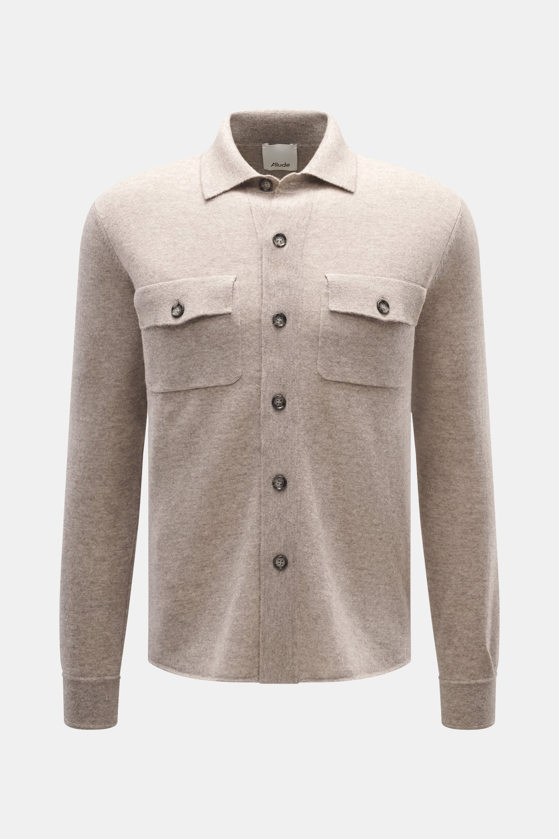 Front view of Allude Knit shirt taupe melange, made of virgin wool and cashmere, soft feel, fine knit pattern, regular fit, smooth button placket, turn-down collar, patch chest pockets, ribbed cuffs.