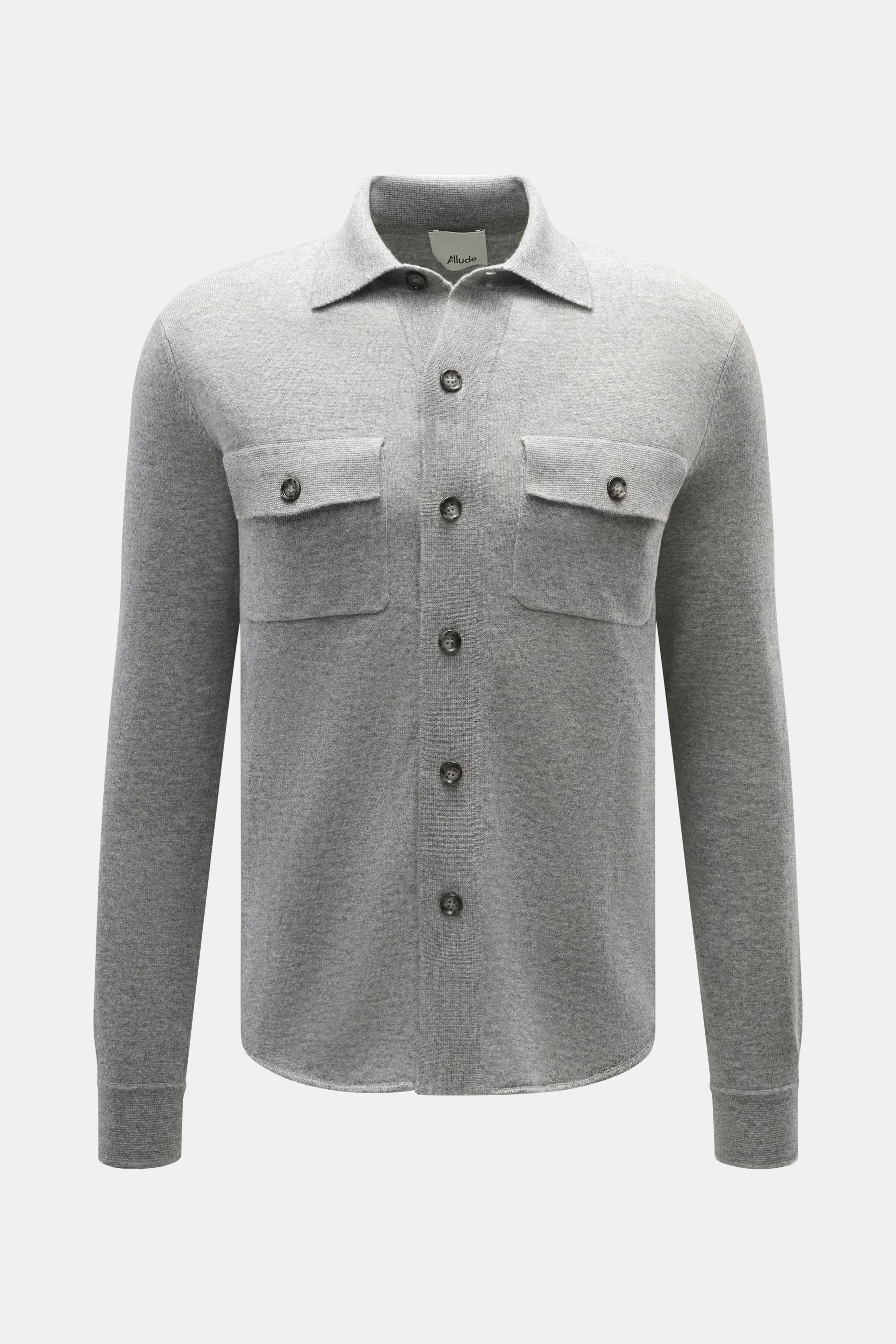 Front view of Allude Knit shirt grey melange, a regular fit soft knit shirt made from virgin wool and cashmere, featuring a fine knit pattern, smooth button placket, turn-down collar, patch chest pockets, and comfortable ribbed cuffs.