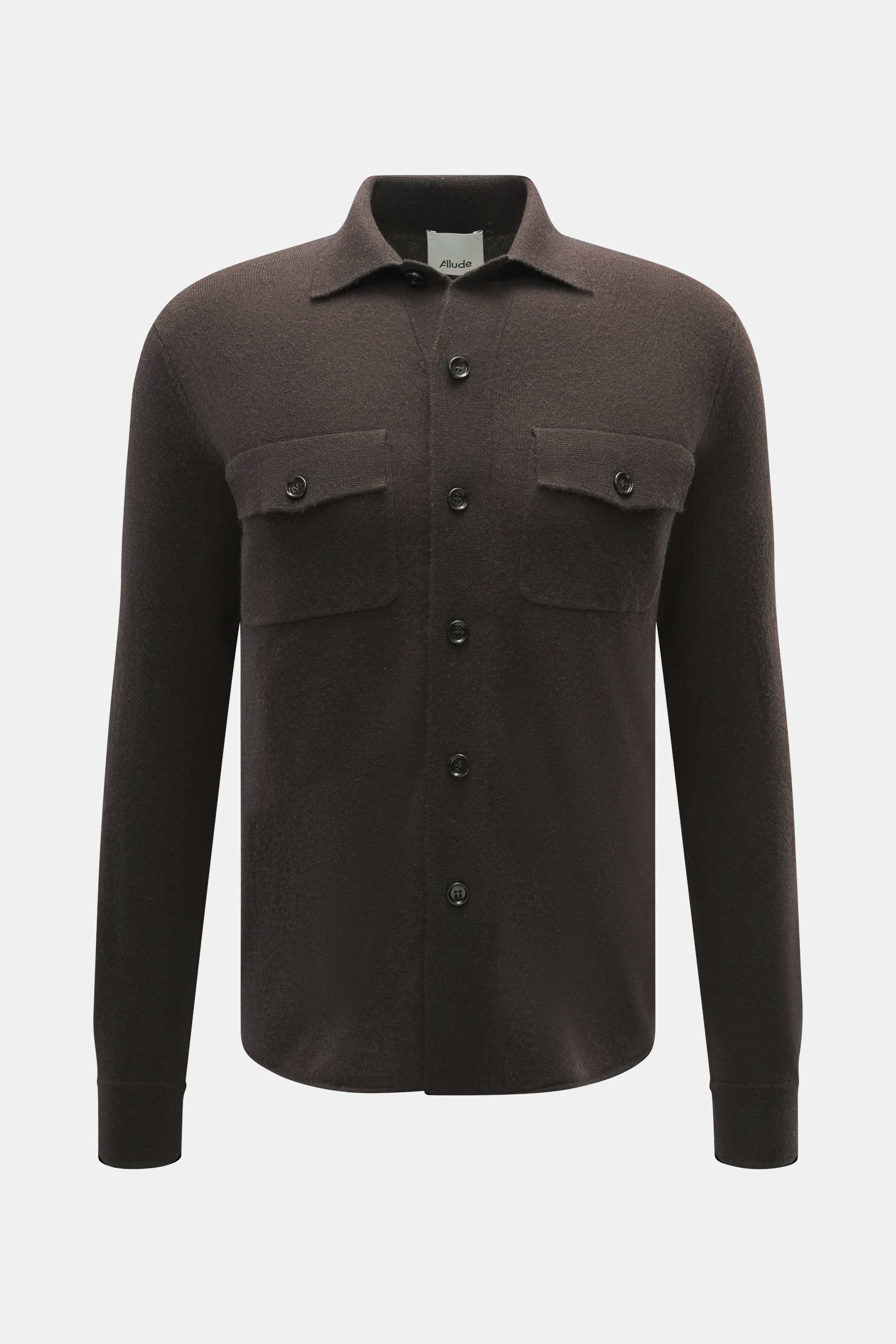 Front view of Allude Knit shirt dark brown in regular fit, featuring a mix of virgin wool and cashmere, soft feel, fine knit pattern, smooth button placket, turn-down collar, patch chest pockets, and comfortable ribbed cuffs.