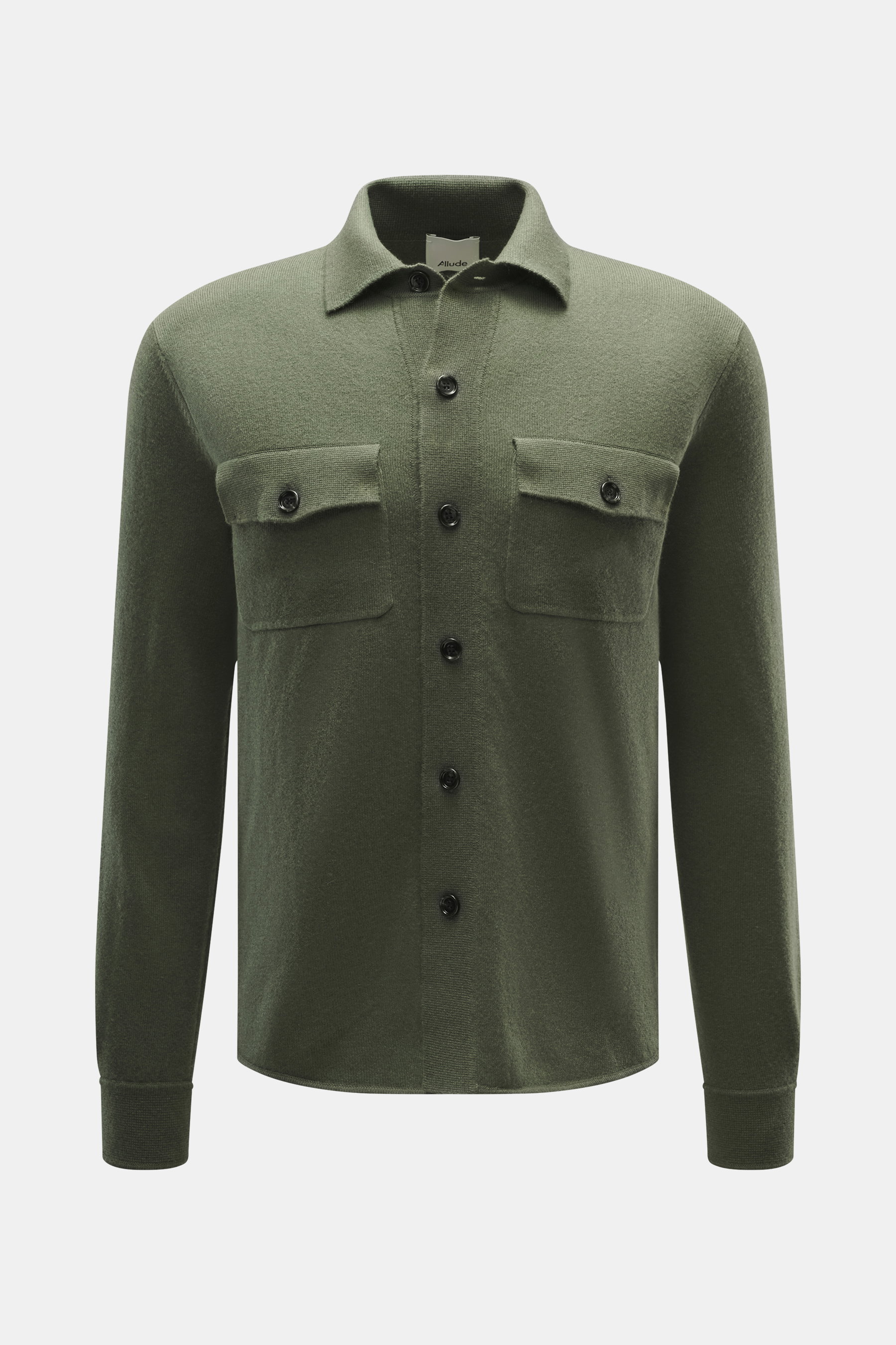 Front view of Allude Knit shirt dark green, made of virgin wool and cashmere, soft feel, fine knit pattern, regular fit, smooth button placket, turn-down collar, patch chest pockets, and ribbed cuffs.