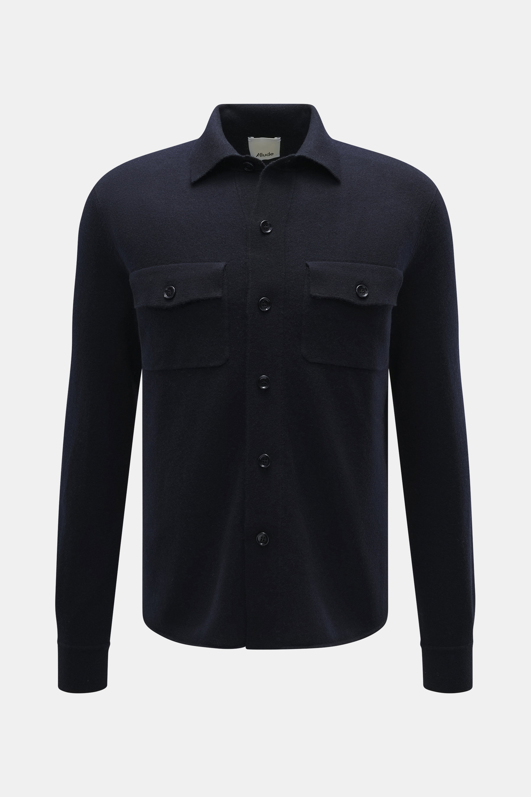 Front view of Allude Knit shirt navy, made from a mix of virgin wool and cashmere, featuring a soft feel, fine knit pattern, regular fit, smooth button placket, turn-down collar, patch chest pockets, and comfortable ribbed cuffs.