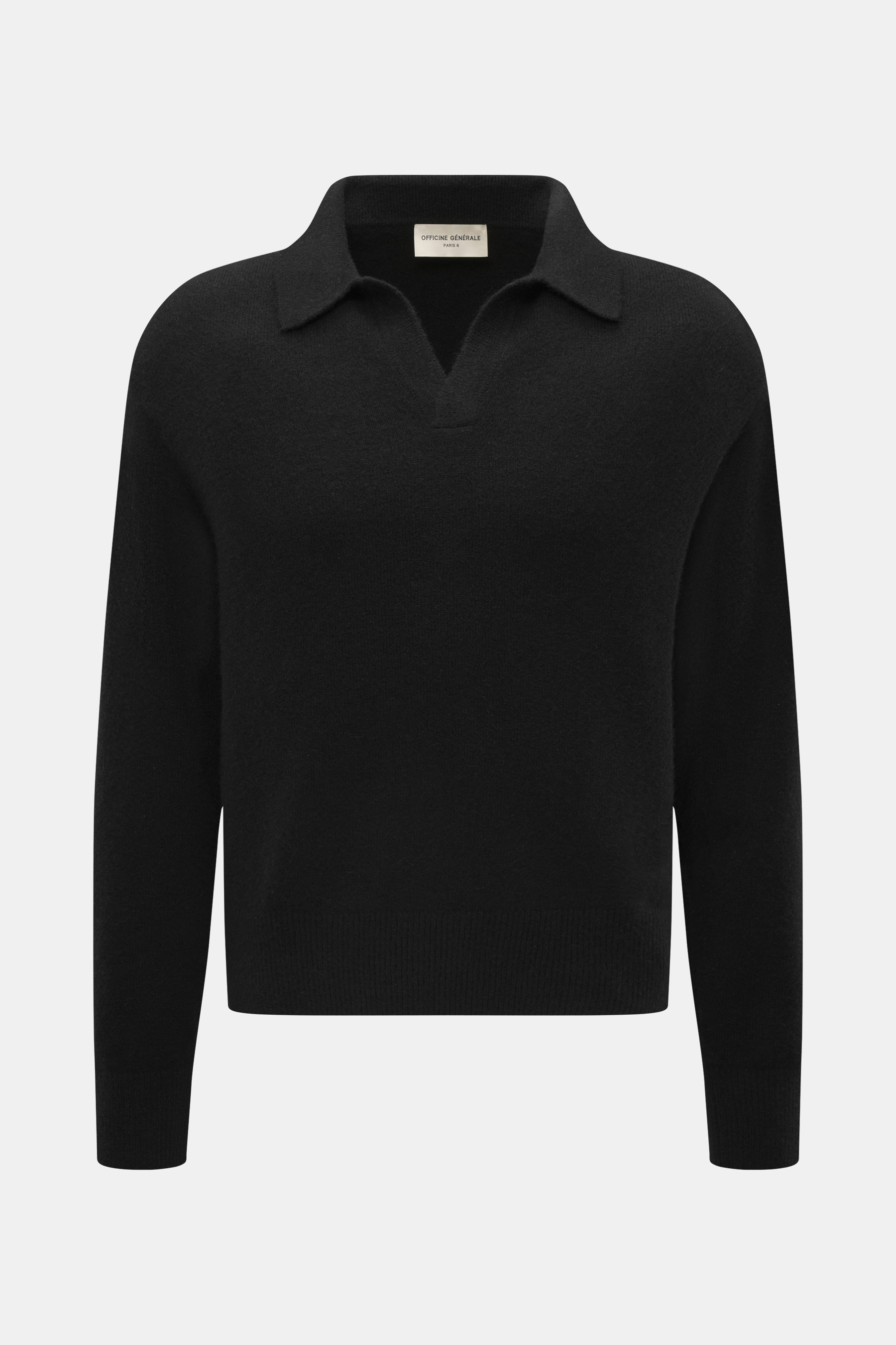 Front view of Officine Générale Knitted polo 'Mark' black, featuring a mix of wool, alpaca wool, silk and cashmere, soft touch, fine knit pattern, regular fit, skipper collar, and comfortable ribbed cuffs.