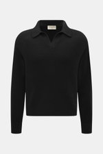 Front view of Officine Générale Knitted polo 'Mark' black, featuring a mix of wool, alpaca wool, silk and cashmere, soft touch, fine knit pattern, regular fit, skipper collar, and comfortable ribbed cuffs.