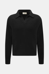 Front view of Officine Générale Knitted polo 'Mark' black, featuring a mix of wool, alpaca wool, silk and cashmere, soft touch, fine knit pattern, regular fit, skipper collar, and comfortable ribbed cuffs.