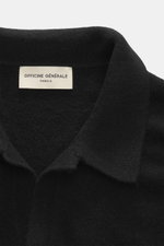 Close-up front view of Officine Générale Knitted polo 'Mark' black, featuring a mix of wool, alpaca wool, silk and cashmere, soft touch, fine knit pattern, regular fit, skipper collar, and comfortable ribbed cuffs.