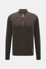 FTC Cashmere Troyer dunkelbraun von vorne fotografiert, reiner Cashmere, weicher Griff, feines Strickbild, Regular Fit, Troyer-Kragen mit Reißverschluss, Rippbündchen.