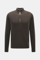 FTC Cashmere Troyer dunkelbraun von vorne fotografiert, reiner Cashmere, weicher Griff, feines Strickbild, Regular Fit, Troyer-Kragen mit Reißverschluss, Rippbündchen.