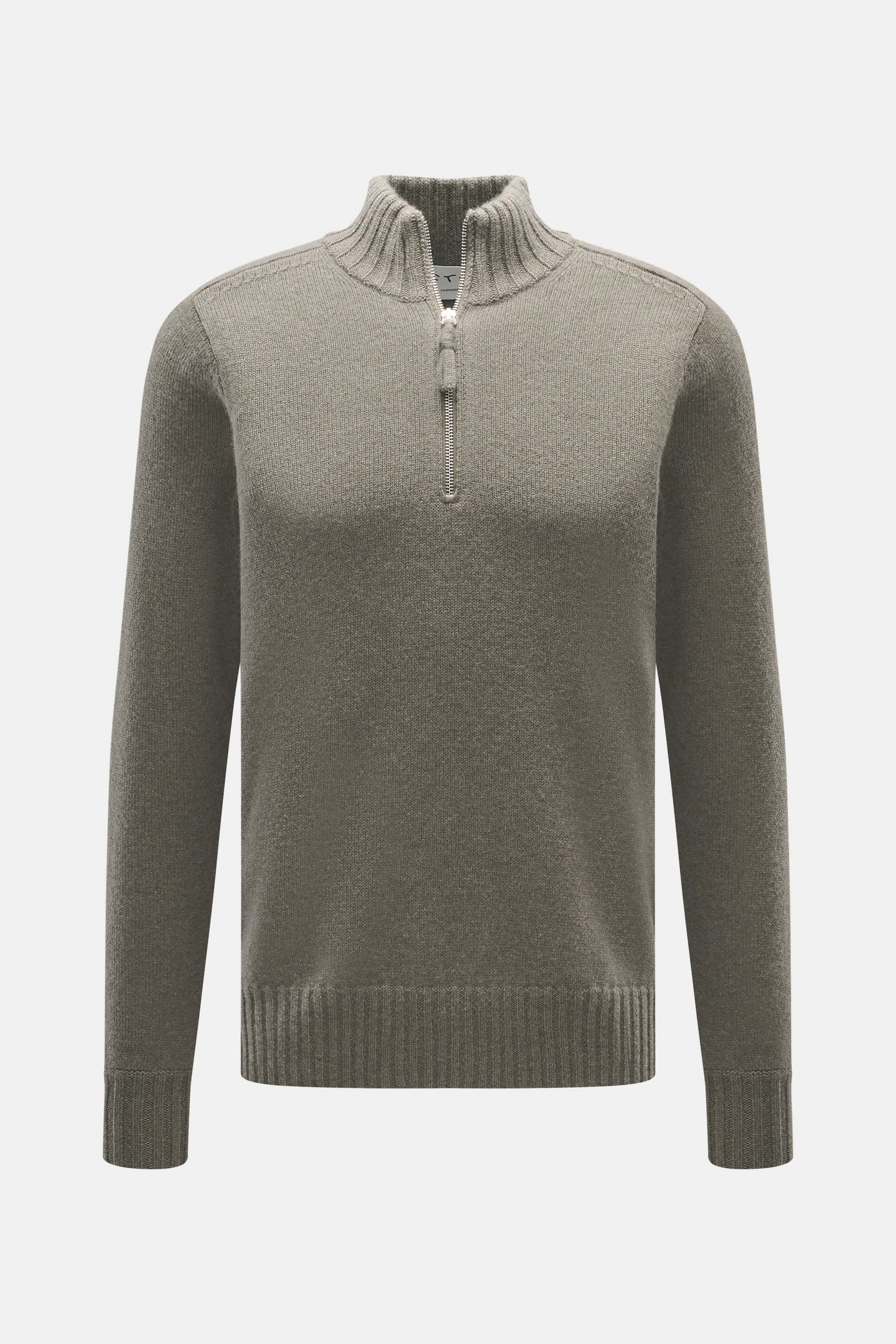 FTC Cashmere Troyer graugrün meliert, Frontansicht, feines Strickbild, Troyer-Kragen mit Reißverschluss, Regular Fit, weicher Griff, Rippbündchen, reiner Cashmere.