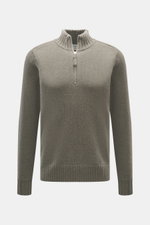 FTC Cashmere Troyer graugrün meliert, Frontansicht, feines Strickbild, Troyer-Kragen mit Reißverschluss, Regular Fit, weicher Griff, Rippbündchen, reiner Cashmere.
