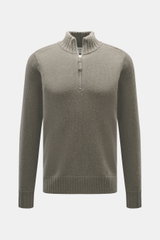 FTC Cashmere Troyer graugrün meliert, Frontansicht, feines Strickbild, Troyer-Kragen mit Reißverschluss, Regular Fit, weicher Griff, Rippbündchen, reiner Cashmere.