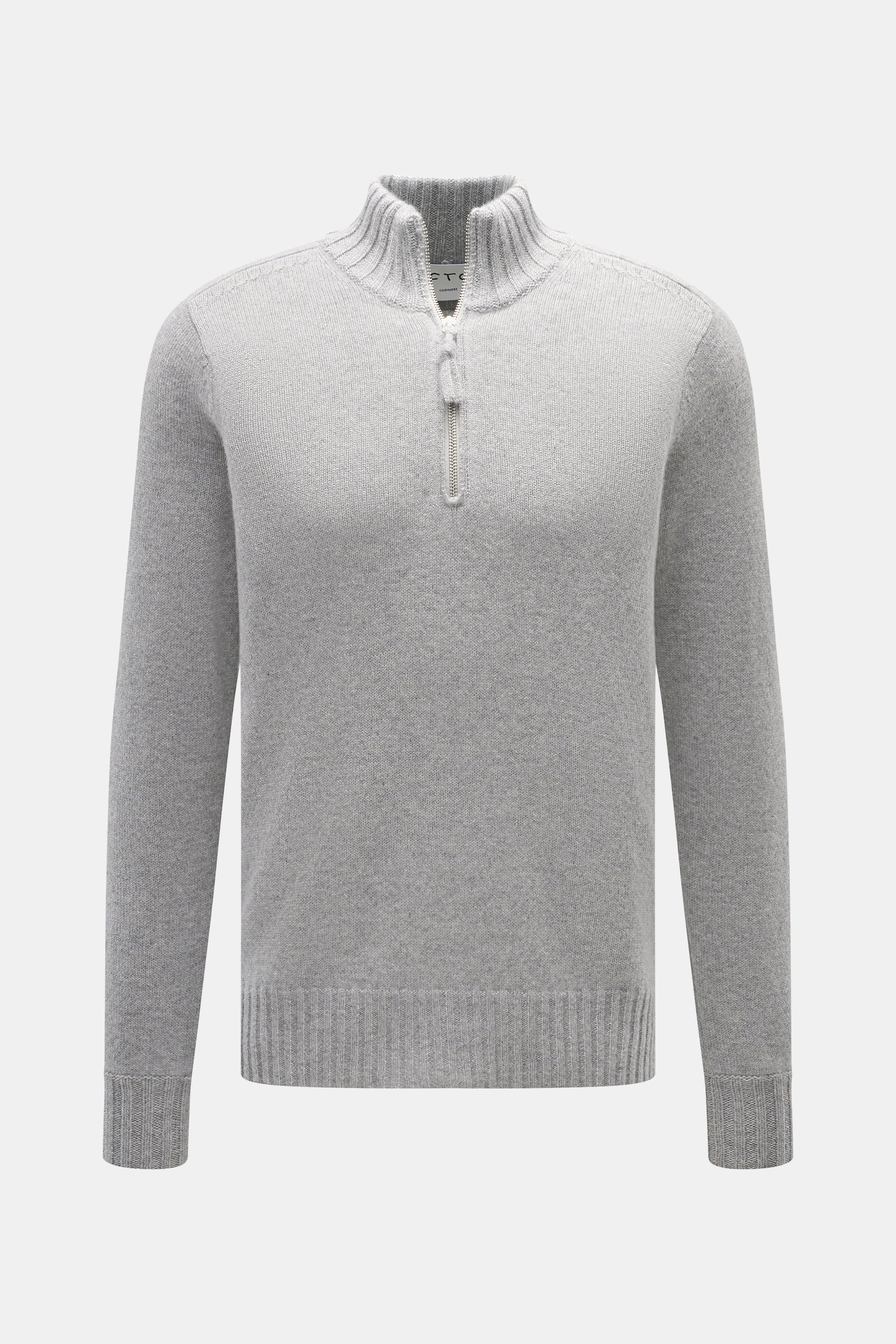 FTC Cashmere Troyer grau meliert, Frontansicht, feines Strickbild, Regular Fit, Troyer-Kragen mit Reißverschluss, weicher Griff, Rippbündchen, reiner Cashmere