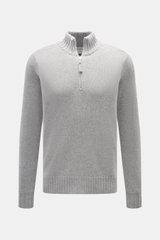 FTC Cashmere Troyer grau meliert, Frontansicht, feines Strickbild, Regular Fit, Troyer-Kragen mit Reißverschluss, weicher Griff, Rippbündchen, reiner Cashmere