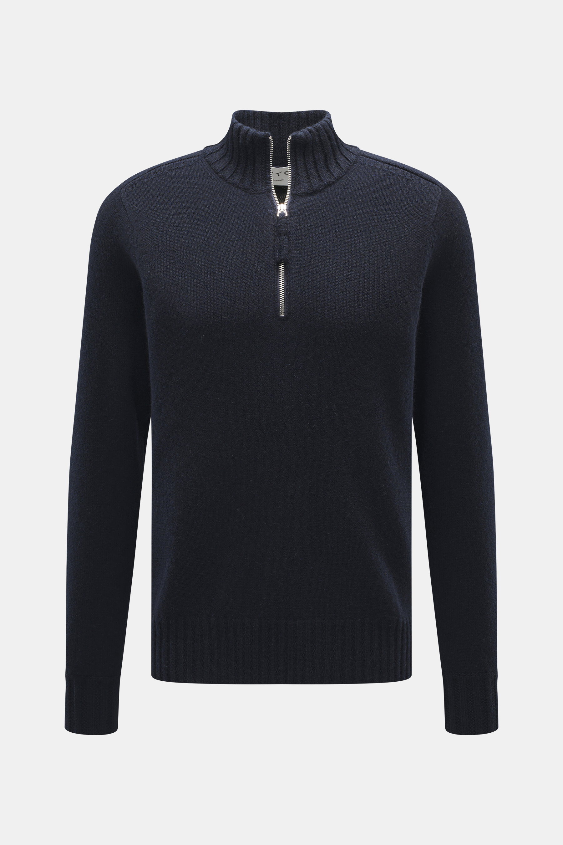 FTC Cashmere Troyer navy frontal fotografiert, feines Strickbild, Troyer-Kragen mit Reißverschluss, Regular Fit, reiner Cashmere, weicher Griff, Rippbündchen.