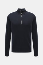 FTC Cashmere Troyer navy frontal fotografiert, feines Strickbild, Troyer-Kragen mit Reißverschluss, Regular Fit, reiner Cashmere, weicher Griff, Rippbündchen.