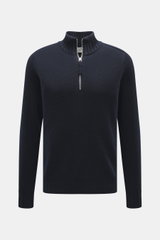 FTC Cashmere Troyer navy frontal fotografiert, feines Strickbild, Troyer-Kragen mit Reißverschluss, Regular Fit, reiner Cashmere, weicher Griff, Rippbündchen.