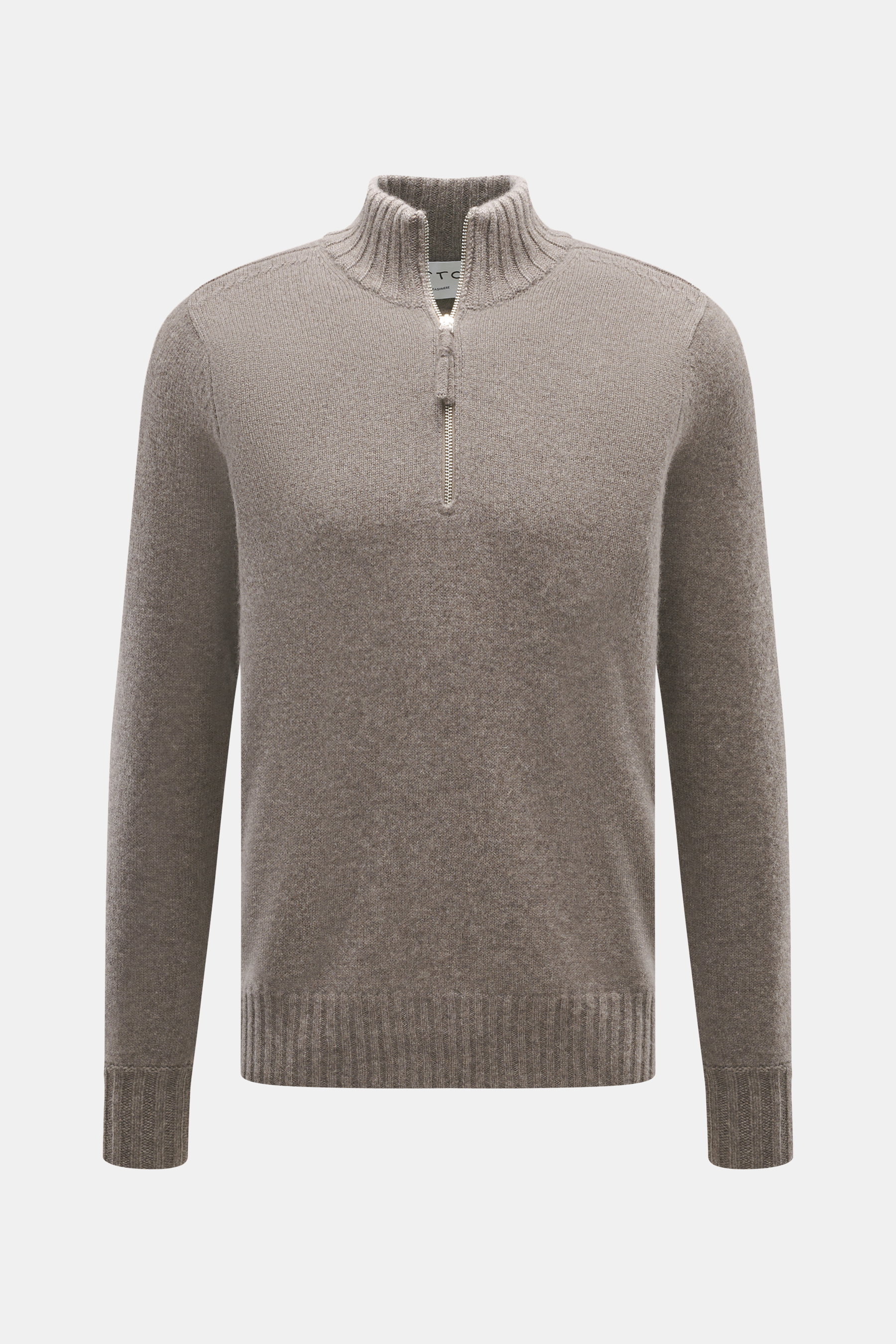 FTC Cashmere Troyer graubraun meliert, von vorne fotografiert, mit Troyer-Kragen, Reißverschluss, Rippbündchen, feinem Strickbild, Regular Fit, weicher Griff, reiner Cashmere.