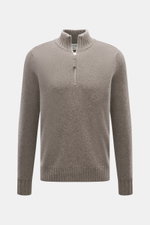 FTC Cashmere Troyer graubraun meliert, von vorne fotografiert, mit Troyer-Kragen, Reißverschluss, Rippbündchen, feinem Strickbild, Regular Fit, weicher Griff, reiner Cashmere.