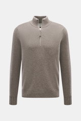 FTC Cashmere Troyer graubraun meliert, von vorne fotografiert, mit Troyer-Kragen, Reißverschluss, Rippbündchen, feinem Strickbild, Regular Fit, weicher Griff, reiner Cashmere.