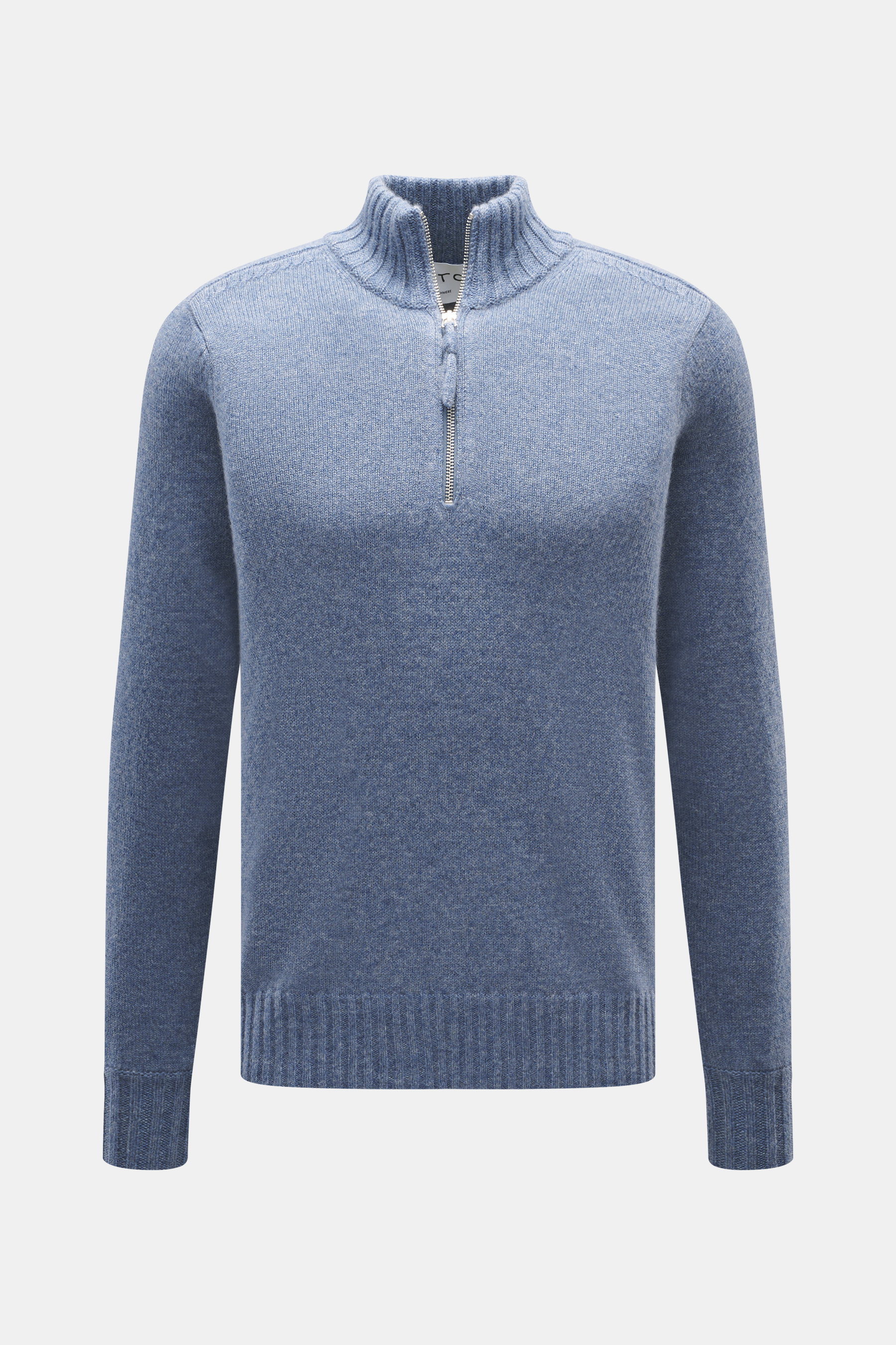 FTC Cashmere Troyer rauchblau meliert, frontal aus mittlerer Entfernung fotografiert, mit Troyer-Kragen, Reißverschluss, feinem Strickbild und Rippbündchen, reiner Cashmere, Regular Fit, sehr weicher Griff.