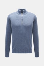FTC Cashmere Troyer rauchblau meliert, frontal aus mittlerer Entfernung fotografiert, mit Troyer-Kragen, Reißverschluss, feinem Strickbild und Rippbündchen, reiner Cashmere, Regular Fit, sehr weicher Griff.