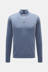 FTC Cashmere Troyer rauchblau meliert, frontal aus mittlerer Entfernung fotografiert, mit Troyer-Kragen, Reißverschluss, feinem Strickbild und Rippbündchen, reiner Cashmere, Regular Fit, sehr weicher Griff.