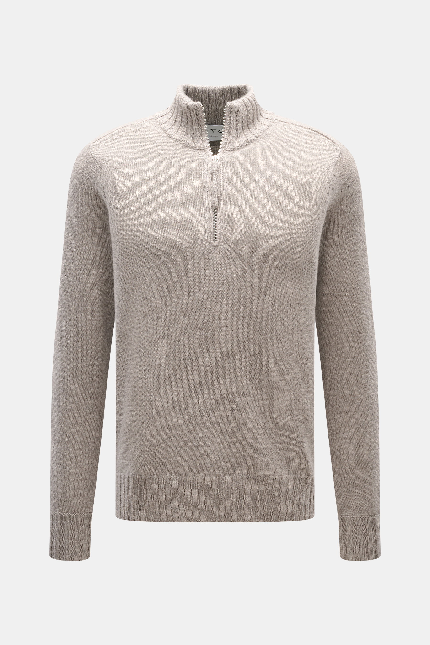 FTC Cashmere Troyer sand meliert, frontal fotografiert, reiner Cashmere, weicher Griff, feines Strickbild, Regular Fit, Troyer-Kragen mit Reißverschluss, Rippbündchen.
