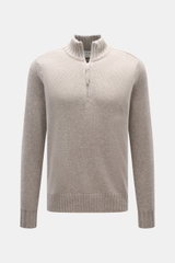 FTC Cashmere Troyer sand meliert, frontal fotografiert, reiner Cashmere, weicher Griff, feines Strickbild, Regular Fit, Troyer-Kragen mit Reißverschluss, Rippbündchen.