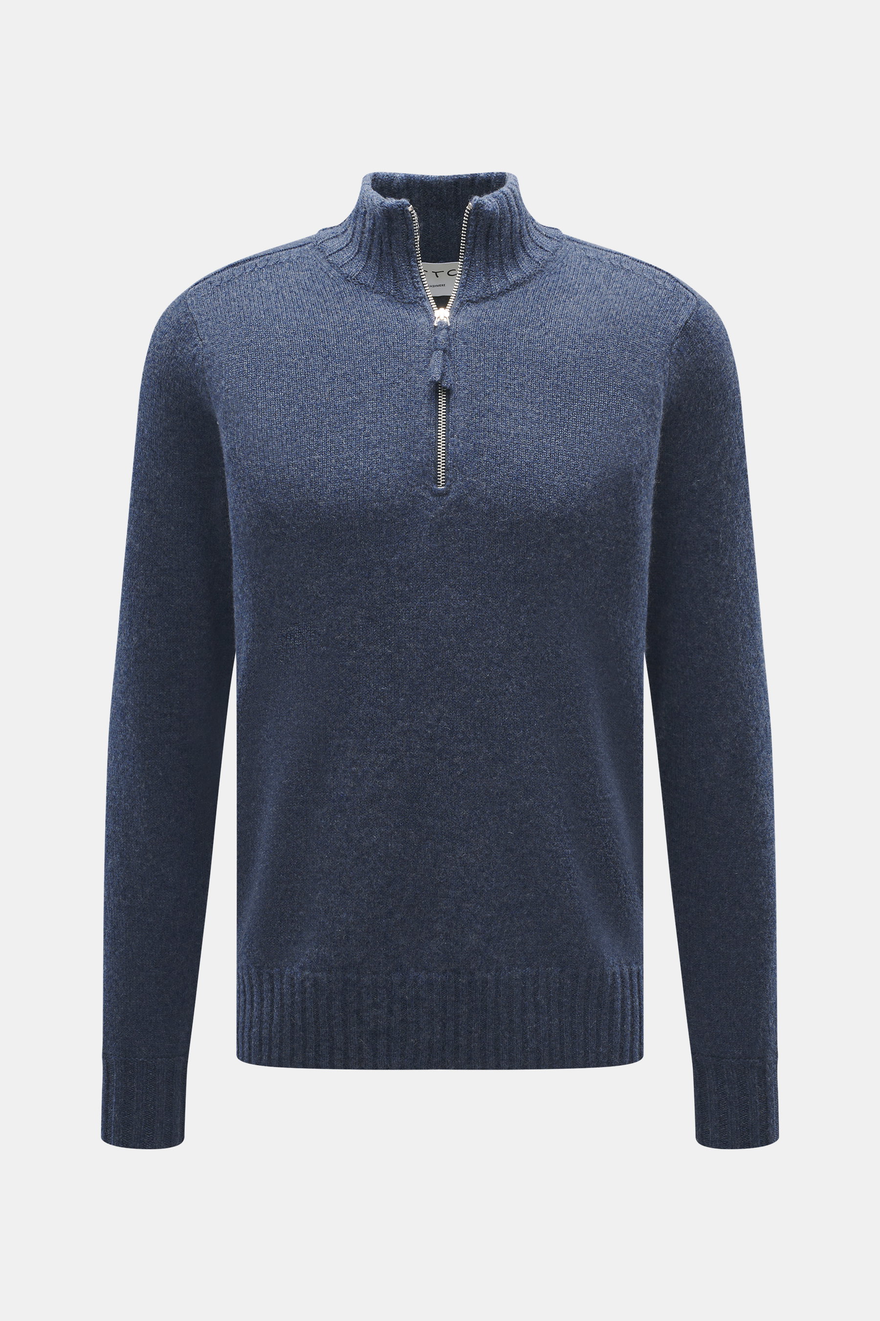 FTC Cashmere Troyer graublau meliert, frontal fotografiert, Regular Fit, feines Strickbild, Troyer-Kragen mit Reißverschluss, reine Cashmere-Qualität, weicher Griff, Rippbündchen.
