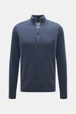FTC Cashmere Troyer graublau meliert, frontal fotografiert, Regular Fit, feines Strickbild, Troyer-Kragen mit Reißverschluss, reine Cashmere-Qualität, weicher Griff, Rippbündchen.