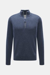 FTC Cashmere Troyer graublau meliert, frontal fotografiert, Regular Fit, feines Strickbild, Troyer-Kragen mit Reißverschluss, reine Cashmere-Qualität, weicher Griff, Rippbündchen.