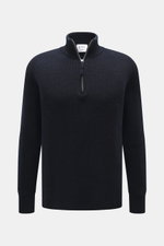 FTC Cashmere Troyer navy, frontal fotografiert, mittleres Strickbild, Troyer-Kragen mit Reißverschluss, Regular Fit, reiner Cashmere, weicher Griff, Rippbündchen.